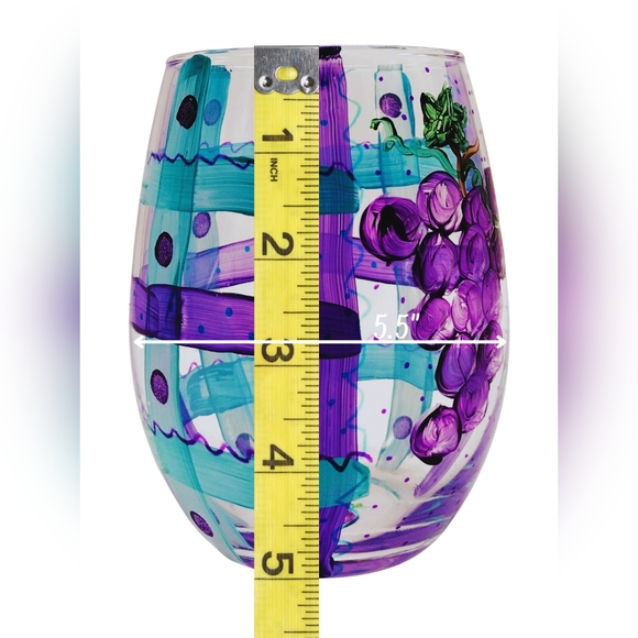 Hand Painted Clear Glass Grape Vine Stemless Wine Glasses 20 fl oz. - Picture 7 of 8